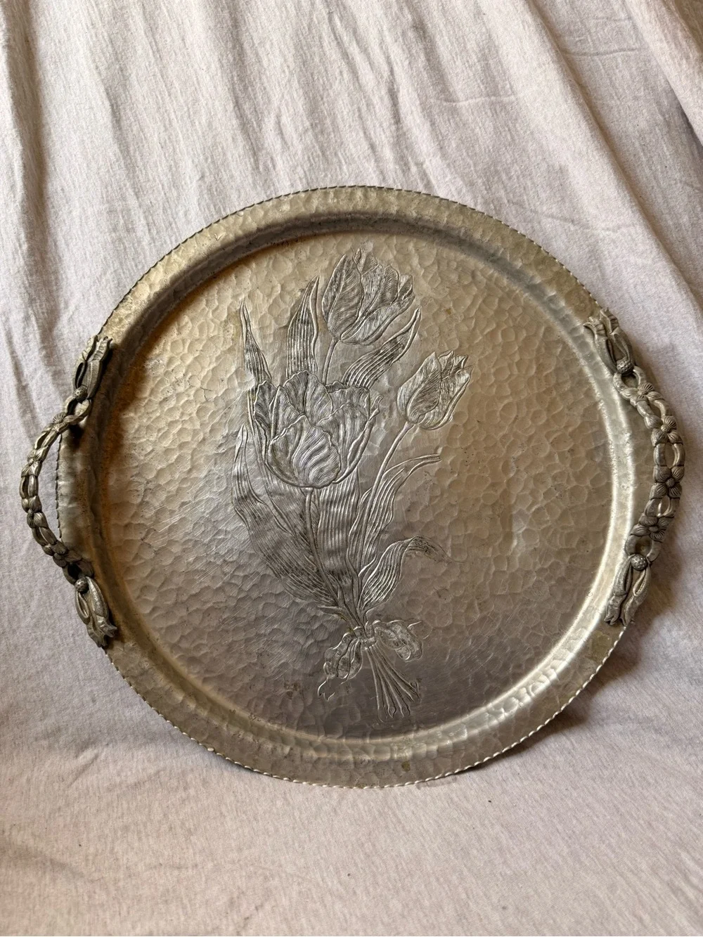 Rodney Kent Hand-Wrought Aluminum Floral Round Tray with Handles